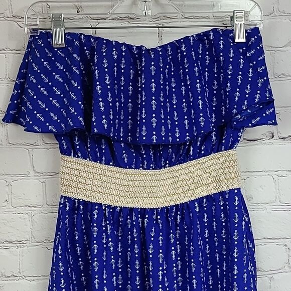 Juniors' Ocean Drive Cobalt Blue Anchor Motif Ruffled Nautical Strapless Dress - Picture 3 of 11